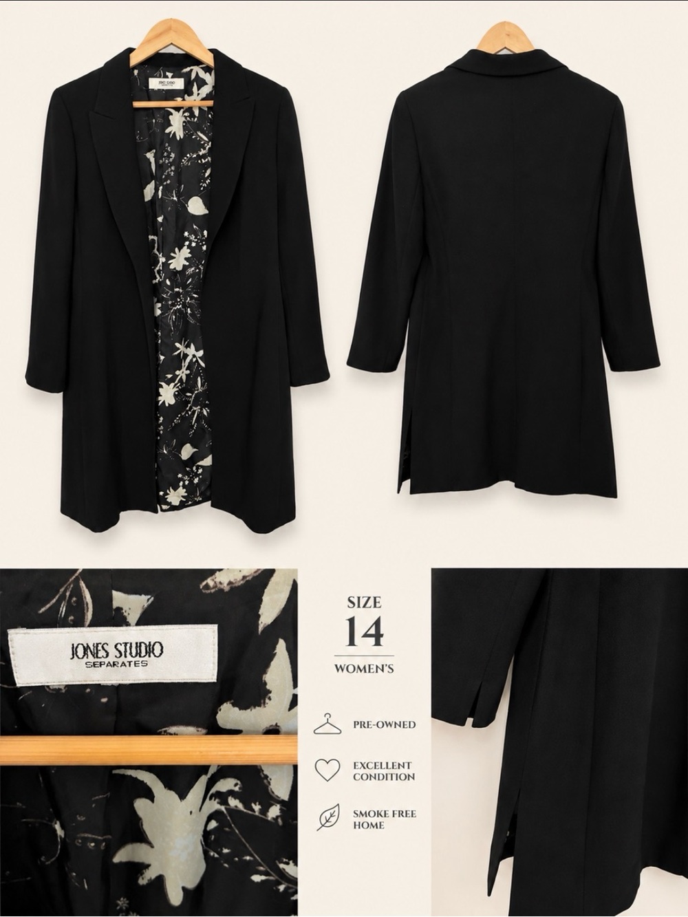 Jones Studio Black Longline Blazer with Floral-Print Lining